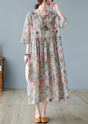 Plus Size Wrinkled Print Exra Large Hem Linen Long Dress Three Quarter Sleeve