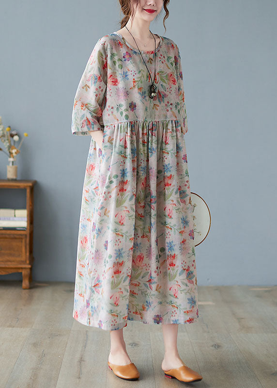 Plus Size Wrinkled Print Exra Large Hem Linen Long Dress Three Quarter Sleeve