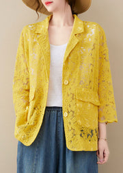 Plus Size Yellow Button Peter Pan Collar Lace Coat Long Sleeve