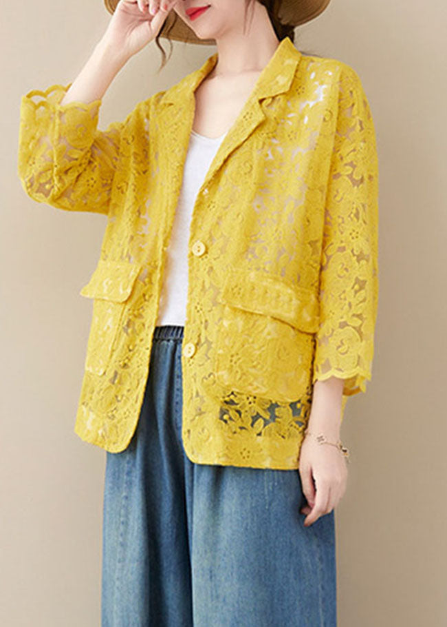 Plus Size Yellow Button Peter Pan Collar Lace Coat Long Sleeve