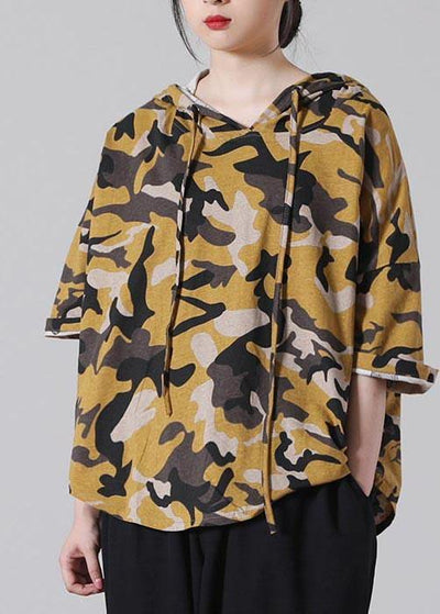 Plus Size Yellow Camouflage hooded Cotton Summer Blouses - bagstylebliss
