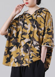 Plus Size Yellow Camouflage hooded Cotton Summer Blouses - bagstylebliss