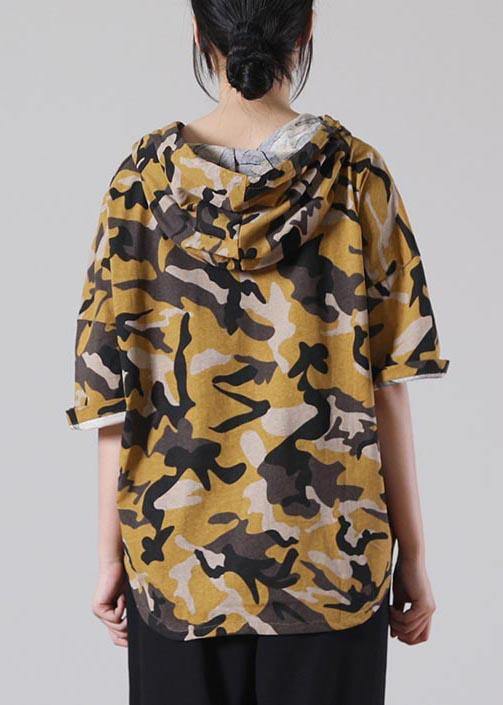 Plus Size Yellow Camouflage hooded Cotton Summer Blouses - bagstylebliss