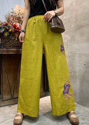 Plus Size Yellow Embroideried Linen Wide Leg Pants Summer