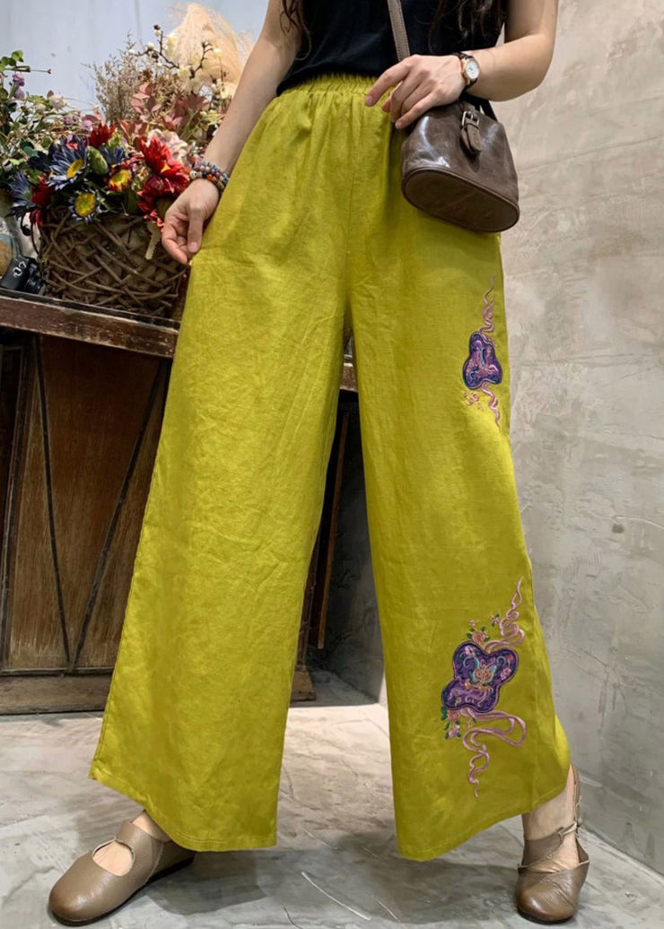 Plus Size Yellow Embroideried Linen Wide Leg Pants Summer