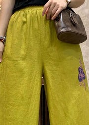 Plus Size Yellow Embroideried Linen Wide Leg Pants Summer