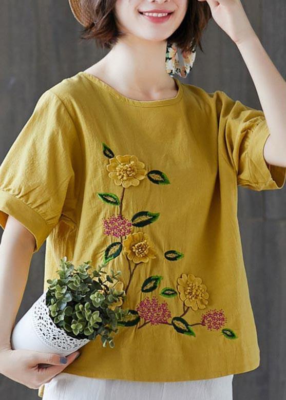 Plus Size Yellow Half Sleeve Cotton Linen Summer Top - bagstylebliss