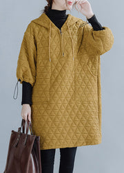 Plus Size Yellow Hooded Drawstring Thick Mid Dress Long Sleeve