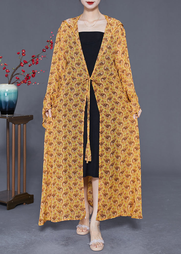 Plus Size Yellow Hooded Print Chiffon Long Cardigan Summer