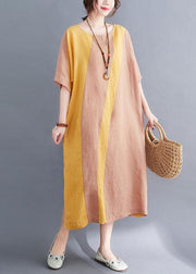 Plus Size Yellow O-Neck Casual Straight Summer Ankle Dress - bagstylebliss