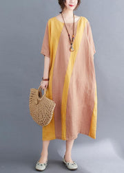 Plus Size Yellow O-Neck Casual Straight Summer Ankle Dress - bagstylebliss