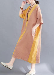 Plus Size Yellow O-Neck Casual Straight Summer Ankle Dress - bagstylebliss