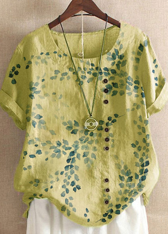 Plus Size Yellow O-Neck Embroidered Floral Linen Tops Short Sleeve