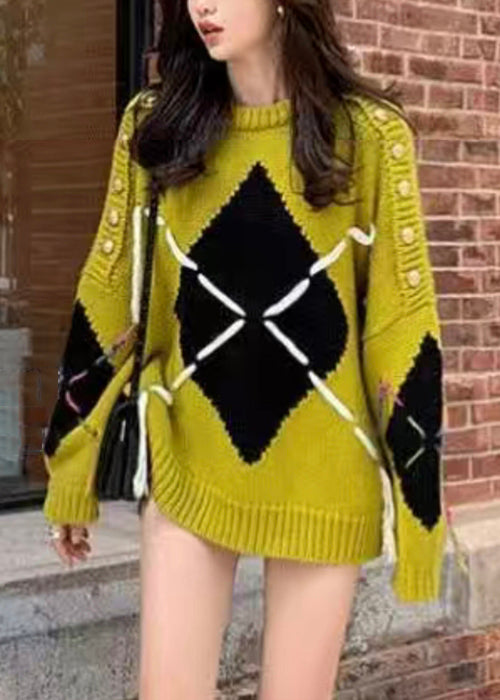 Plus Size Yellow O Neck Patchwork Cozy Cotton Knit Sweater Batwing Sleeve