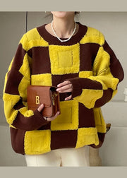 Plus Size Yellow O-Neck Plaid Knitted Tops Winter