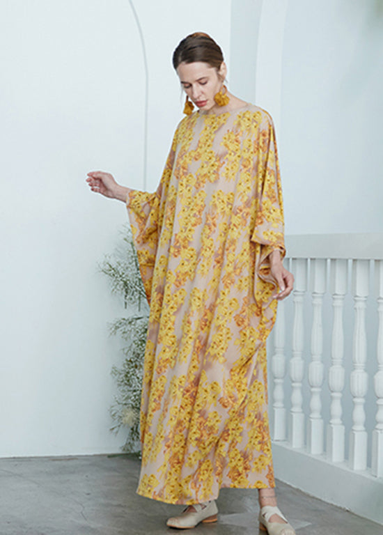 Plus Size Yellow O Neck Print Chiffon Robe Dresses Summer