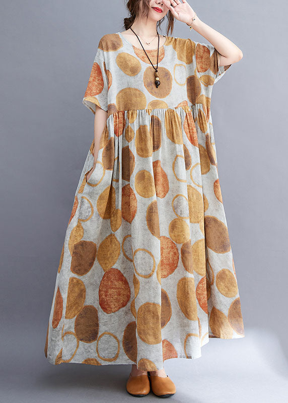 Plus Size Yellow O-Neck Wrinkled Dot Print Linen Long Dress Short Sleeve