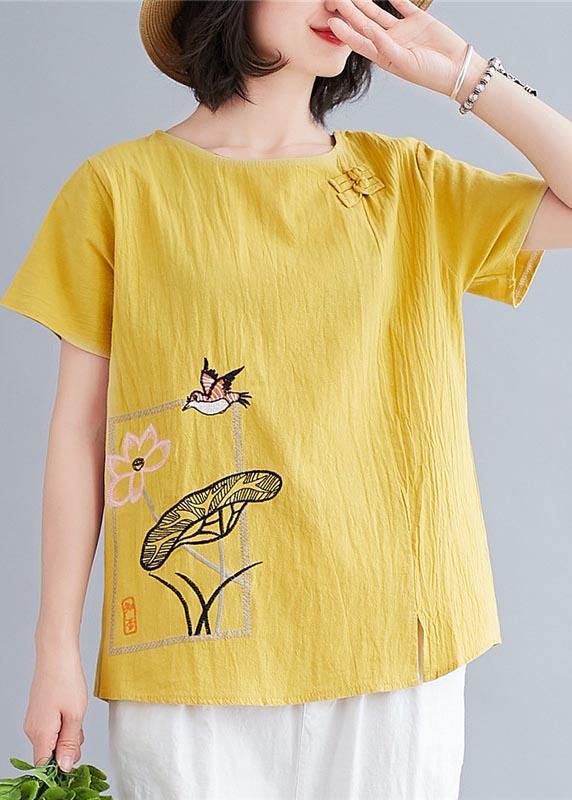 Plus Size Yellow Oriental Cotton Linen Blouses Summer - bagstylebliss