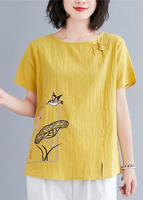 Plus Size Yellow Oriental Cotton Linen Blouses Summer - bagstylebliss