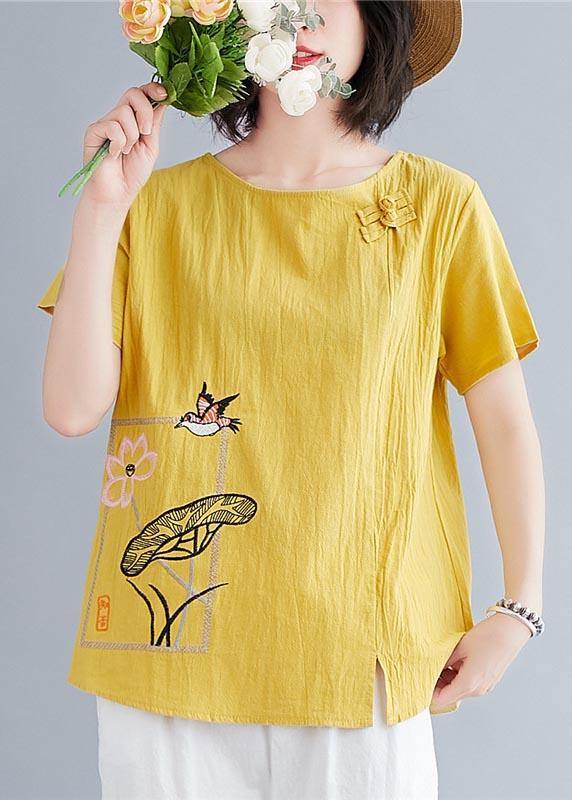 Plus Size Yellow Oriental Cotton Linen Blouses Summer - bagstylebliss