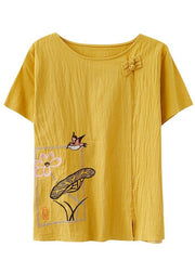 Plus Size Yellow Oriental Cotton Linen Blouses Summer - bagstylebliss