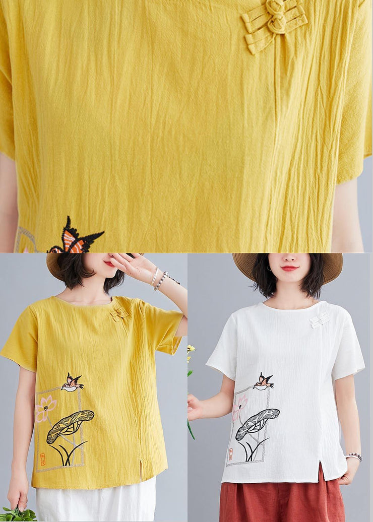Plus Size Yellow Oriental Cotton Linen Blouses Summer - bagstylebliss