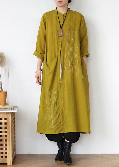 Plus Size Yellow Peter Pan Collar Linen Long Spring Coat - bagstylebliss