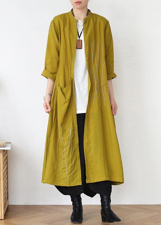 Plus Size Yellow Peter Pan Collar Linen Long Spring Coat - bagstylebliss
