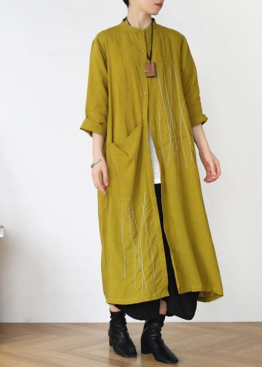 Plus Size Yellow Peter Pan Collar Linen Long Spring Coat - bagstylebliss