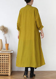 Plus Size Yellow Peter Pan Collar Linen Long Spring Coat - bagstylebliss
