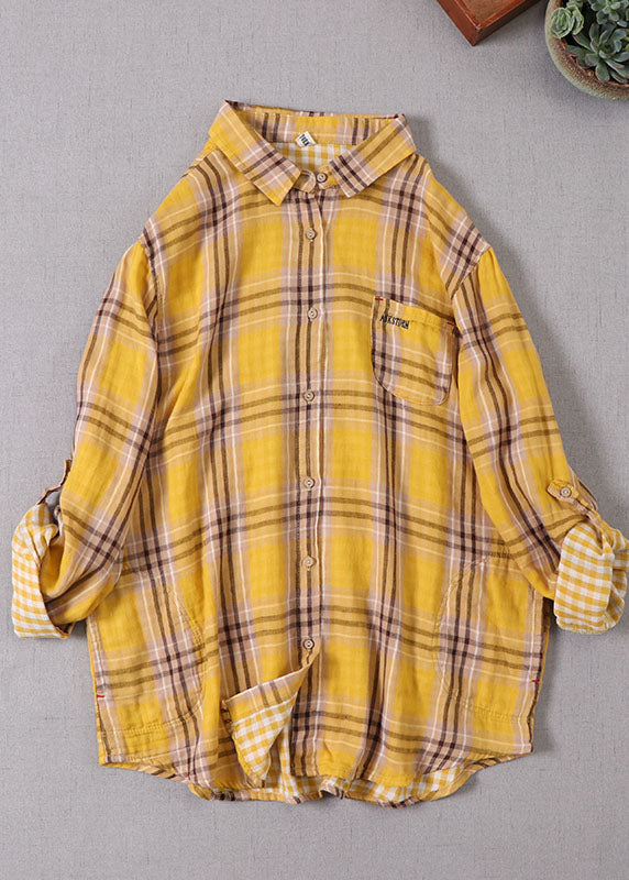 Plus Size Yellow Peter Pan Collar Plaid Cotton Shirt Top Spring