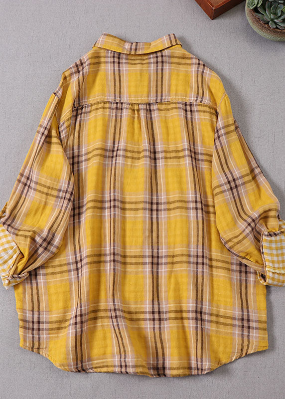 Plus Size Gelber Peter Pan-Kragen Plaid Cotton Shirt Top Spring