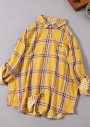 Plus Size Gelber Peter Pan-Kragen Plaid Cotton Shirt Top Spring