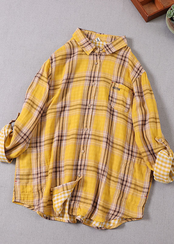 Plus Size Yellow Peter Pan Collar Plaid Cotton Shirt Top Spring