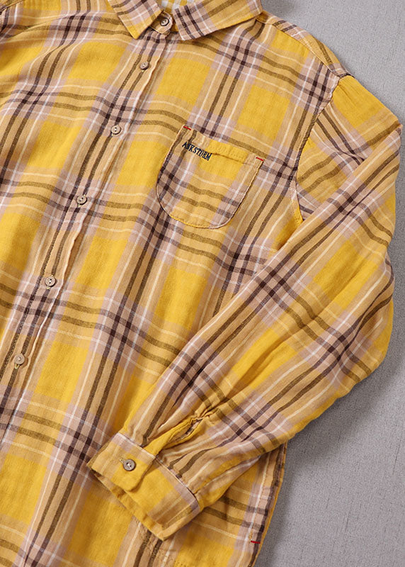 Plus Size Yellow Peter Pan Collar Plaid Cotton Shirt Top Spring