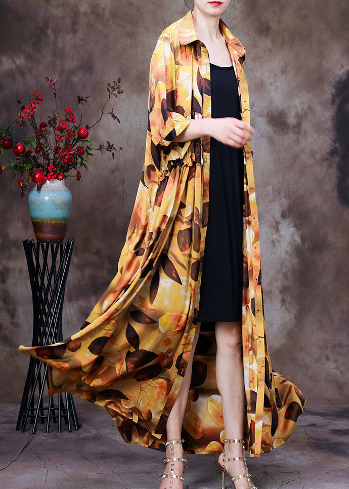 Plus Size Yellow Peter Pan Collar Print Wrinkled Silk Long Shirt Dress Half Sleeve