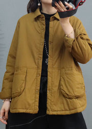 Plus Size Yellow Pockets Button Fine Cotton Filled Winter Coat