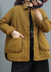 Plus Size Yellow Pockets Button Fine Cotton Filled Winter Coat