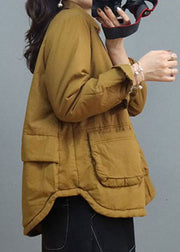 Plus Size Yellow Pockets Button Fine Cotton Filled Winter Coat