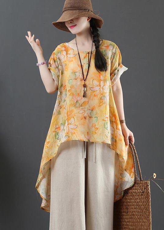 Plus Size Yellow Print Linen low high design Shirt Summer - bagstylebliss