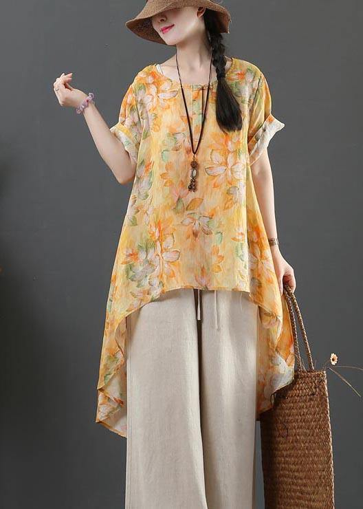 Plus Size Yellow Print Linen low high design Shirt Summer - bagstylebliss