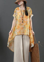 Plus Size Yellow Print Linen low high design Shirt Summer - bagstylebliss