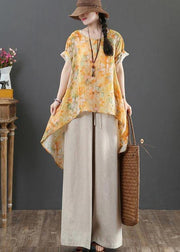 Plus Size Yellow Print Linen low high design Shirt Summer - bagstylebliss