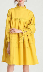 Plus Size Yellow Stand Cotton Bow Spring Maxi Dresses - bagstylebliss