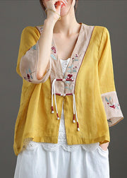 Plus Size Yellow V Neck Embroideried Cotton Linen Blouse Tops Bracelet Sleeve