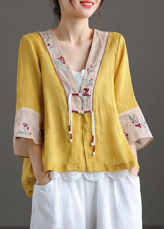 Plus Size Yellow V Neck Embroideried Cotton Linen Blouse Tops Bracelet Sleeve