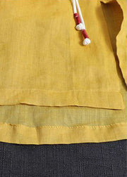 Plus Size Yellow V Neck Embroideried Cotton Linen Blouse Tops Bracelet Sleeve