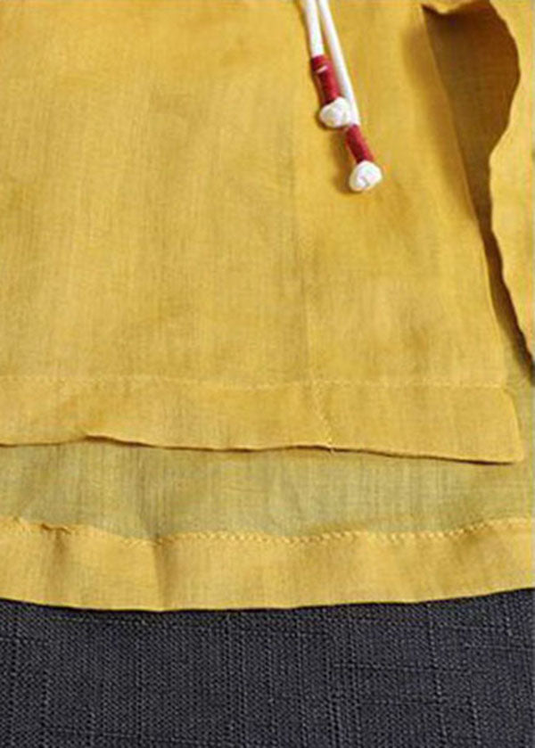 Plus Size Yellow V Neck Embroideried Cotton Linen Blouse Tops Bracelet Sleeve