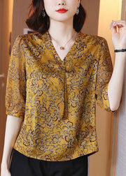 Plus Size Yellow V Neck Ribbon Print Chiffon Shirt Half Sleeve