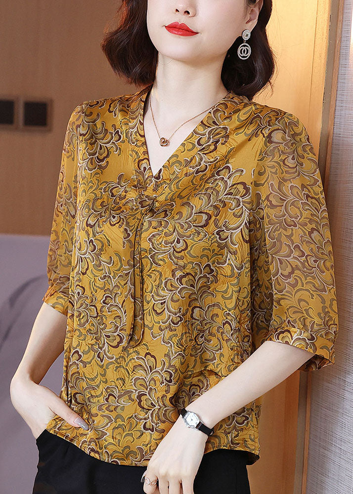 Plus Size Yellow V Neck Ribbon Print Chiffon Shirt Half Sleeve